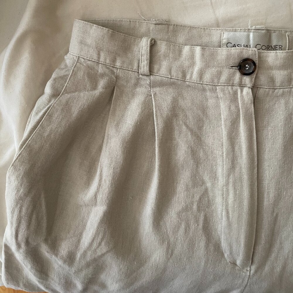 Casual Corner Petite Women's 10P Cream Linen Trouser High Waisted Vintage Pant